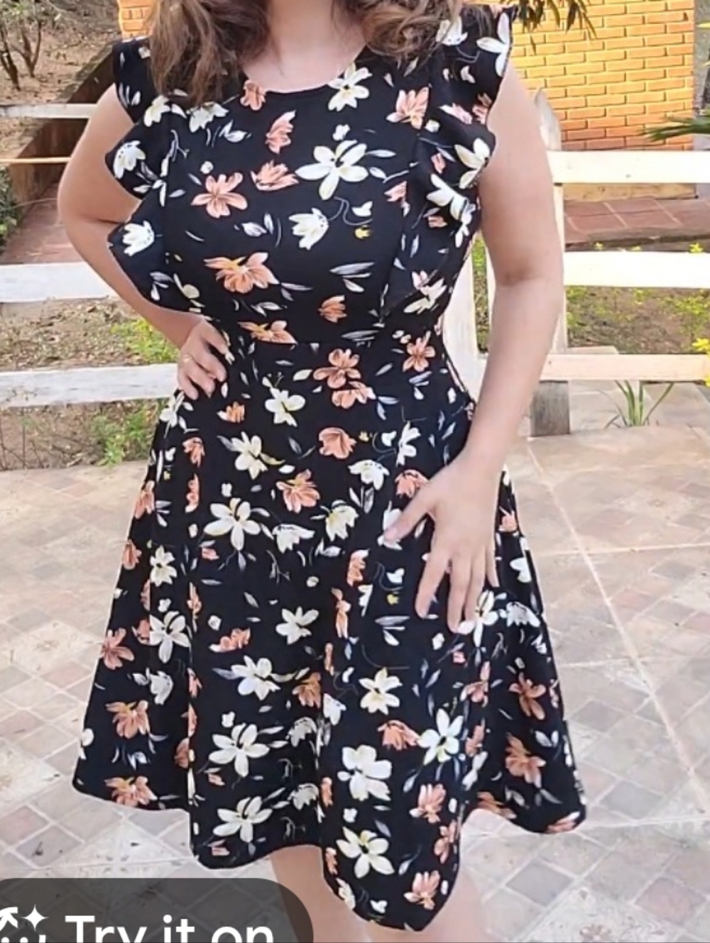 black iHot floral print ruffle flutter sleeve fit and flare dress NWT
